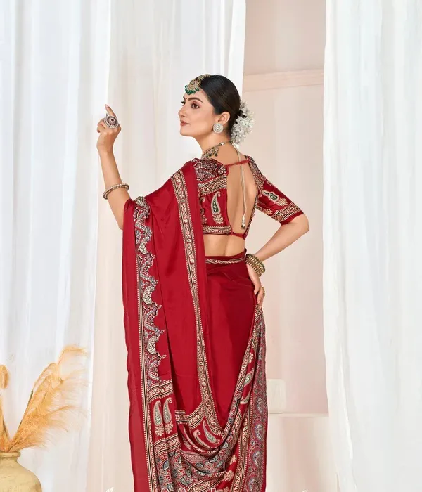Maroon_Ajrakh_Printed_Modal_Silk_Plain_Saree_With_Ajrakh_Blouse