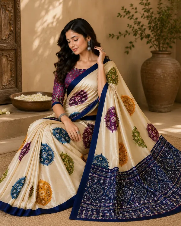 CREAM_AND_NAVY_BLUE_PATOLA__AJRAKH_REAL_MIRROR_MODAL_SILK_SAREE_WITH_BLOUSE