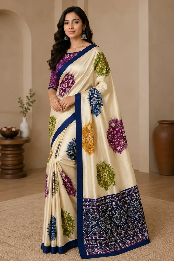 CREAM_AND_NAVY_BLUE_PATOLA__AJRAKH_REAL_MIRROR_MODAL_SILK_SAREE_WITH_BLOUSE