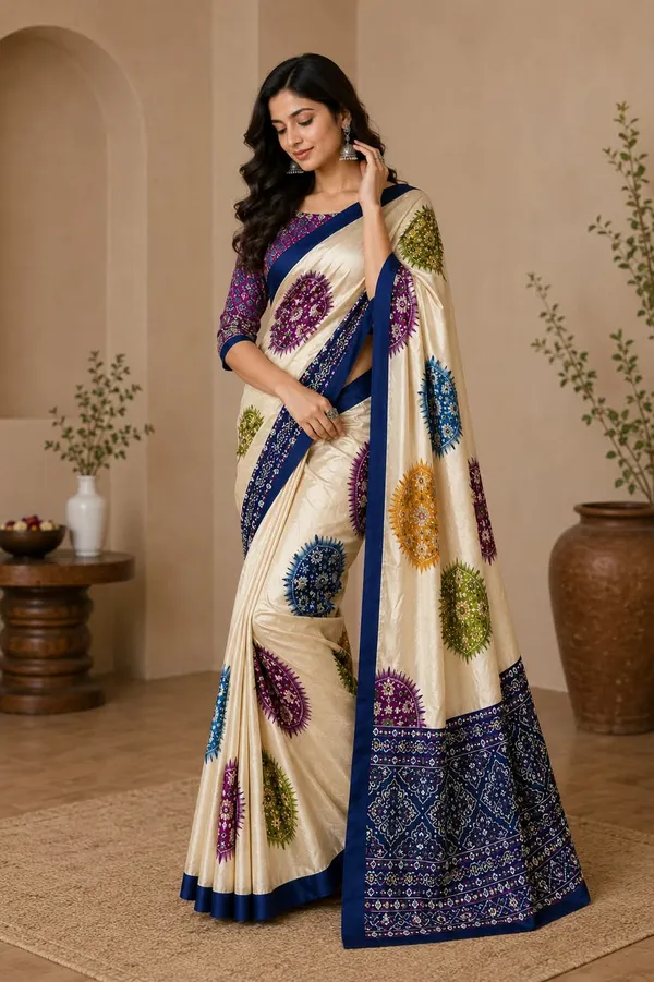 CREAM_AND_NAVY_BLUE_PATOLA__AJRAKH_REAL_MIRROR_MODAL_SILK_SAREE_WITH_BLOUSE