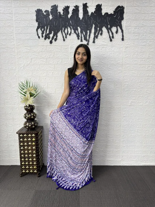 Pure_Gajji_Blue_Bandhni_Full_Leaf_Design__Mirror_Saree_With_Blouse_Piece