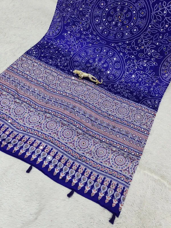 Pure_Gajji_Blue_Bandhni_Full_Leaf_Design__Mirror_Saree_With_Blouse_Piece