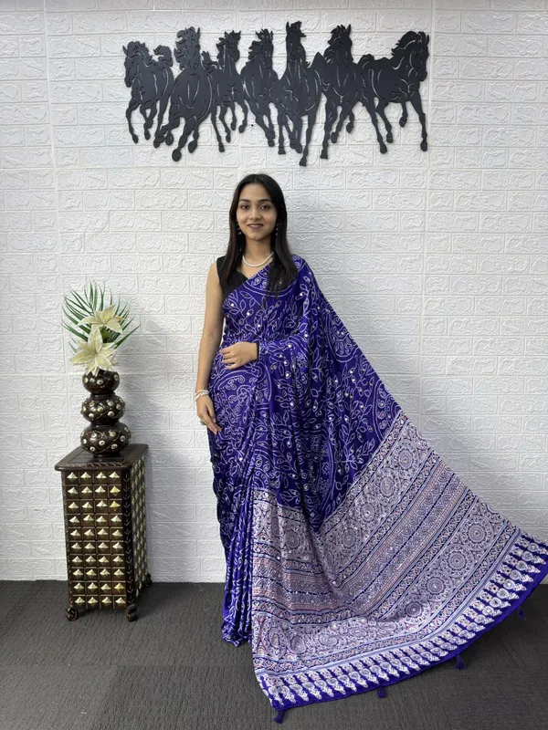 Pure_Gajji_Blue_Bandhni_Full_Leaf_Design__Mirror_Saree_With_Blouse_Piece