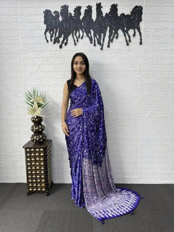 Pure_Gajji_Blue_Bandhni_Full_Leaf_Design__Mirror_Saree_With_Blouse_Piece