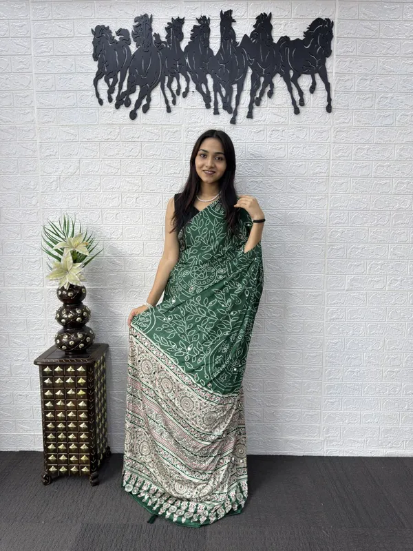 Pure_Gajji_Green_Bandhni_Full_Leaf_Design__Mirror_Saree_With_Blouse_Piece