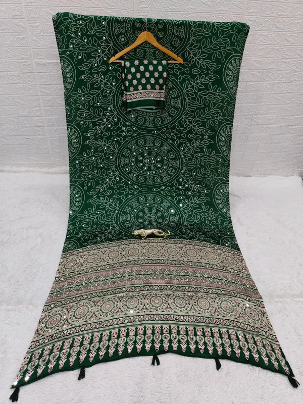 Pure_Gajji_Green_Bandhni_Full_Leaf_Design__Mirror_Saree_With_Blouse_Piece