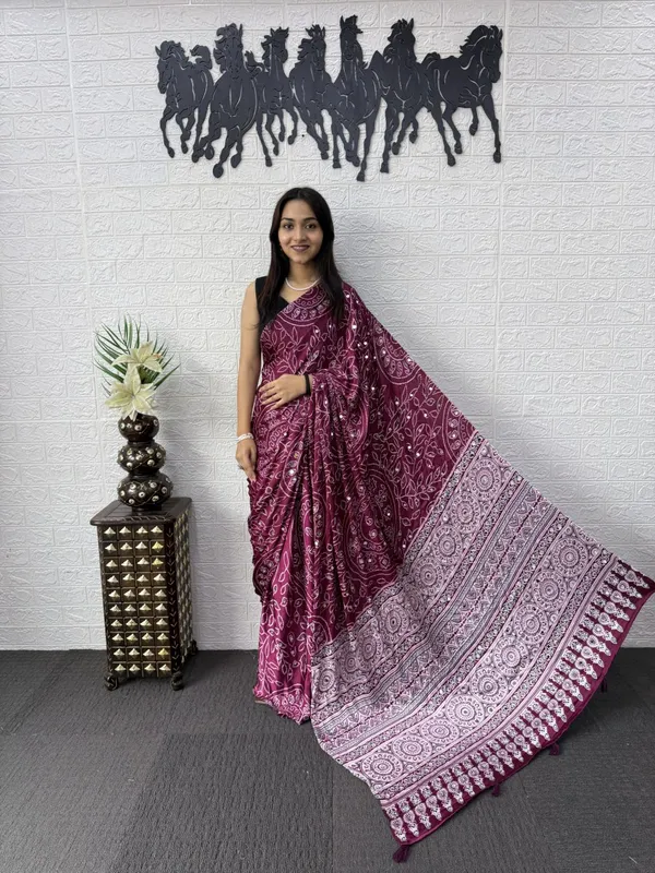 Pure_Gajji_Wine__Bandhni_Full_Leaf_Design__Mirror_Saree_With_Blouse_Piece
