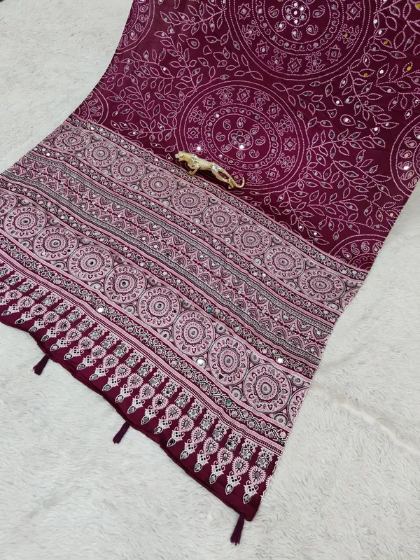 Pure_Gajji_Wine__Bandhni_Full_Leaf_Design__Mirror_Saree_With_Blouse_Piece