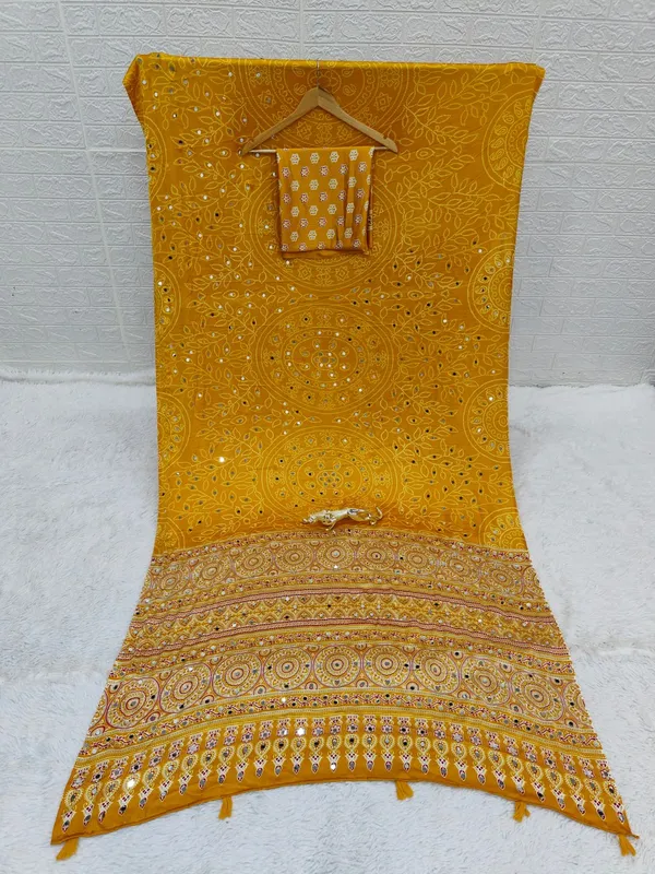Pure_Gajji_Yellow_Bandhni_Full_Leaf_Design__Mirror_Saree_With_Blouse_Piece