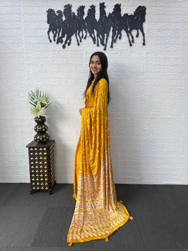 Pure_Gajji_Yellow_Bandhni_Full_Leaf_Design__Mirror_Saree_With_Blouse_Piece