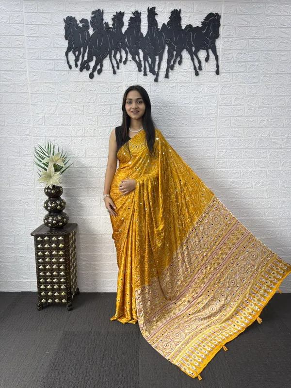 Pure_Gajji_Yellow_Bandhni_Full_Leaf_Design__Mirror_Saree_With_Blouse_Piece