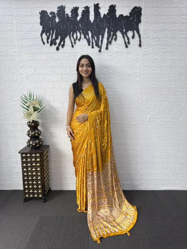 Pure_Gajji_Yellow_Bandhni_Full_Leaf_Design__Mirror_Saree_With_Blouse_Piece