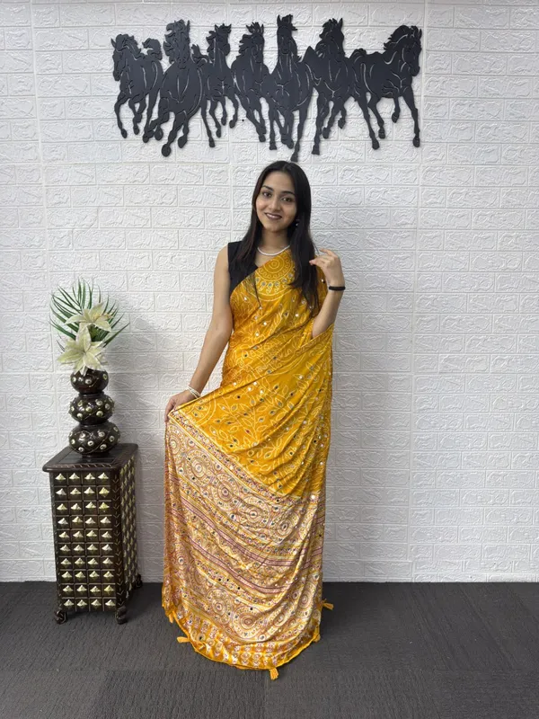 Pure_Gajji_Yellow_Bandhni_Full_Leaf_Design__Mirror_Saree_With_Blouse_Piece