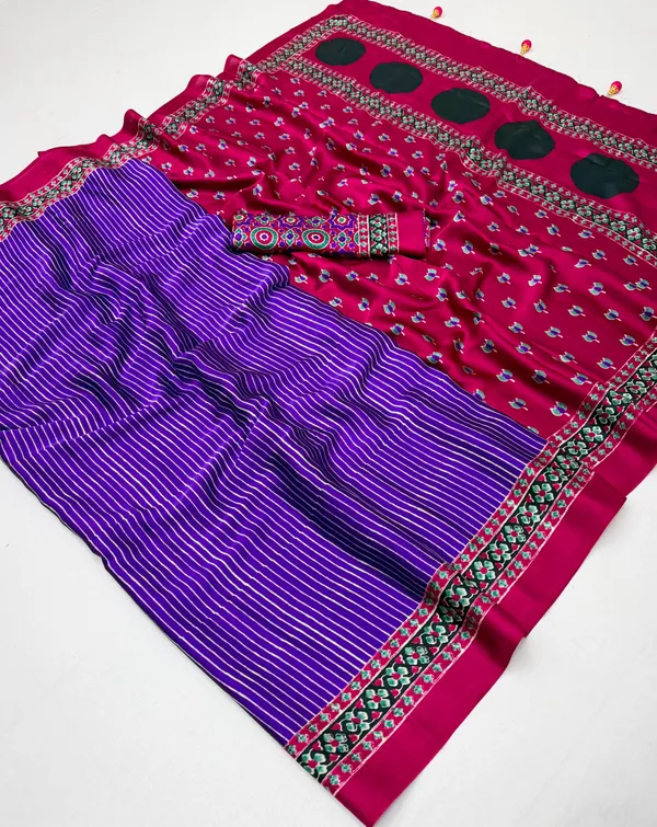 Pure_Semi_Modal_Red_Lotus_with_Purple_Small_Line_With_Fancy_Tusseles__Saree
