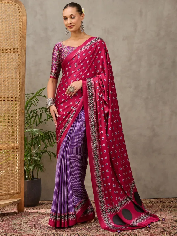 Pure_Semi_Modal_Red_Lotus_with_Purple_Small_Line_With_Fancy_Tusseles__Saree