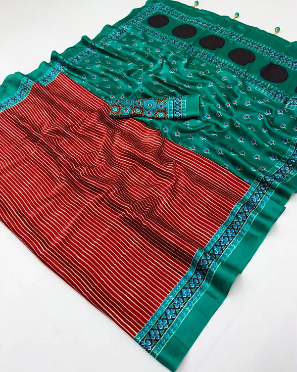 Pure_Semi_Modal_Green_Lotus_with_Red_Small_Line_With_Fancy_Tusseles__Saree