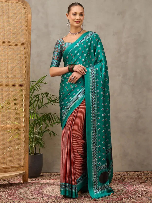 Pure_Semi_Modal_Green_Lotus_with_Red_Small_Line_With_Fancy_Tusseles__Saree