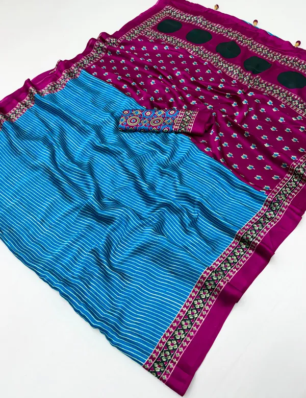 Pure_Semi_Modal_Pink_Lotus_with_Sky_Small_Line_With_Fancy_Tusseles__Saree