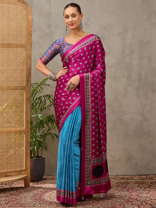 Pure_Semi_Modal_Pink_Lotus_with_Sky_Small_Line_With_Fancy_Tusseles__Saree