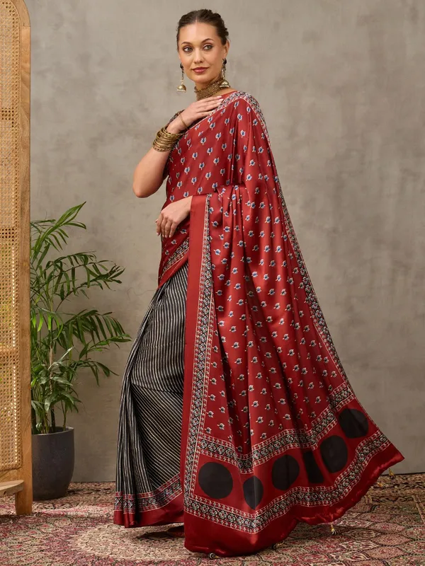 Pure_Semi_Modal_Red_Lotus_with_Black_Small_Line_With_Fancy_Tusseles__Saree