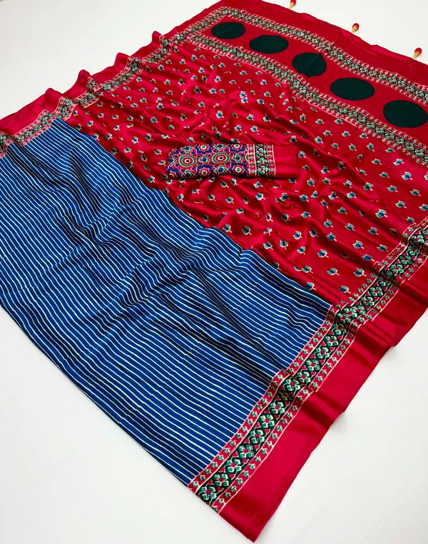 Pure_Semi_Modal_Red_Lotus_with_Blue_Small_Line_With_Fancy_Tusseles__Saree