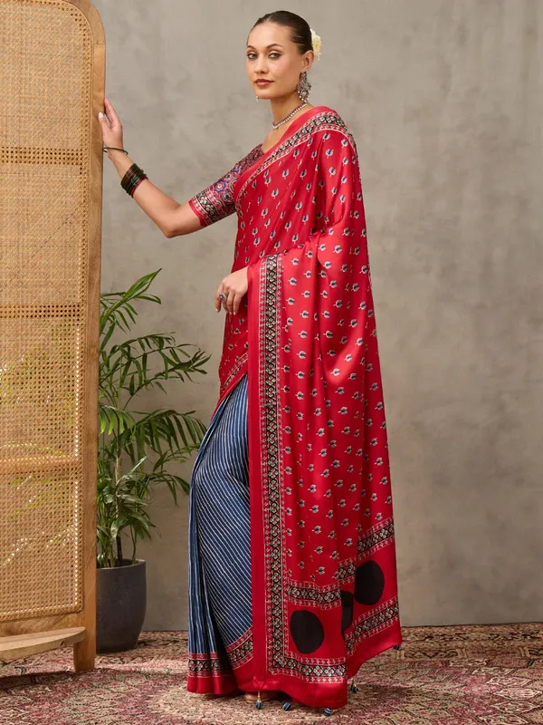 Pure_Semi_Modal_Red_Lotus_with_Blue_Small_Line_With_Fancy_Tusseles__Saree