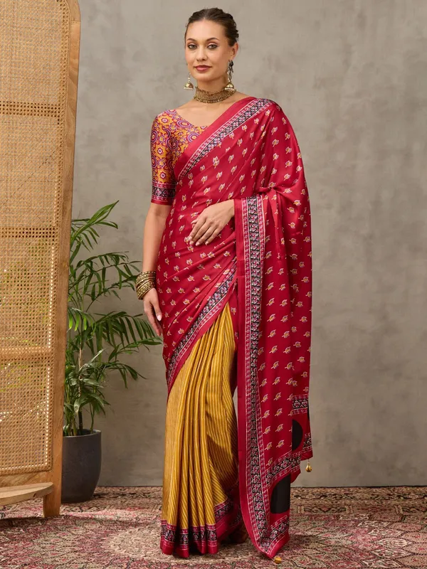 Pure_Semi_Modal_Red_Lotus_with_Yellow_Small_Line_With_Fancy_Tusseles__Saree