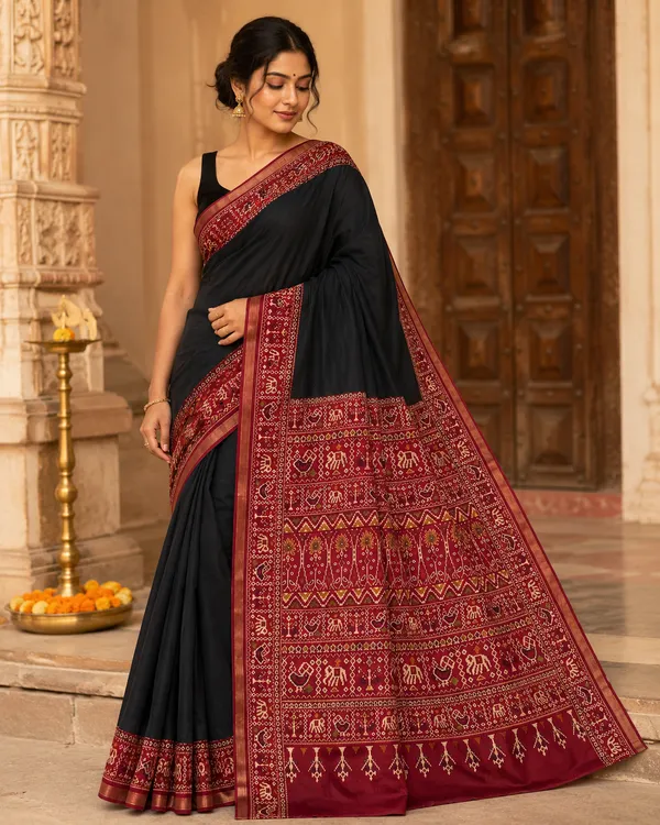 Traditional_Patola_Border_Saree_with_Plain_Body_Dola_Silk_Saree_-_Black