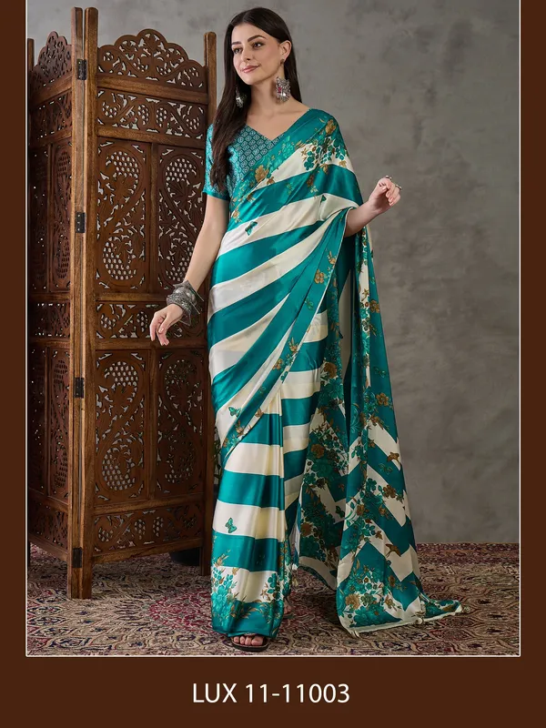 Rama_Green_Floral_Printed_Modal_Satin_Party_Wear_Saree_with_a_Smooth_Satin_Finish