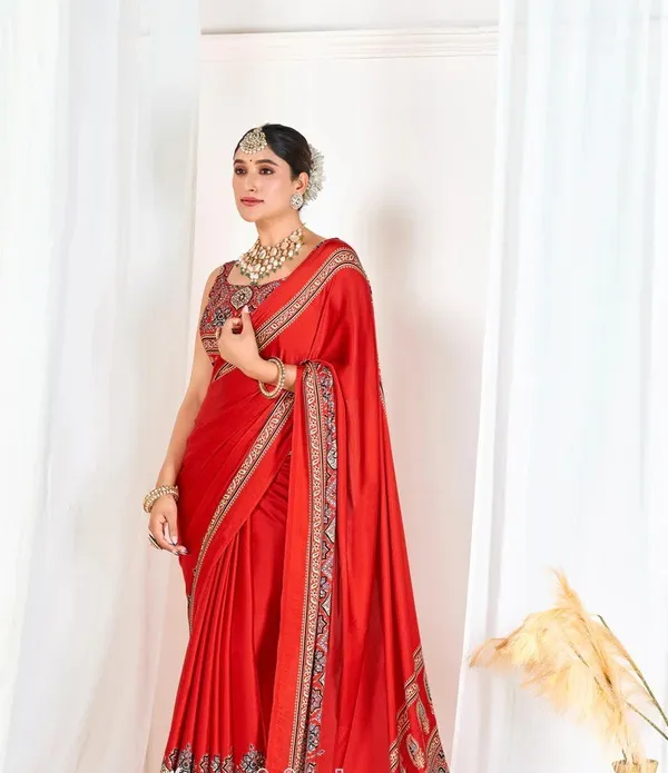 Red_Ajrakh_Printed_Modal_Silk_Plain_Saree_With_Ajrakh_Blouse
