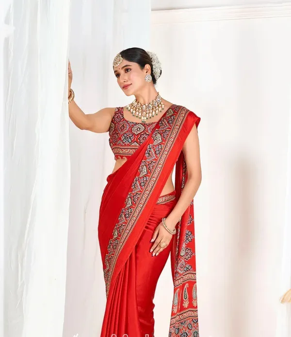 Red_Ajrakh_Printed_Modal_Silk_Plain_Saree_With_Ajrakh_Blouse