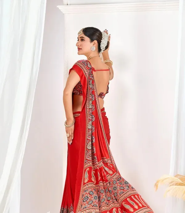 Red_Ajrakh_Printed_Modal_Silk_Plain_Saree_With_Ajrakh_Blouse