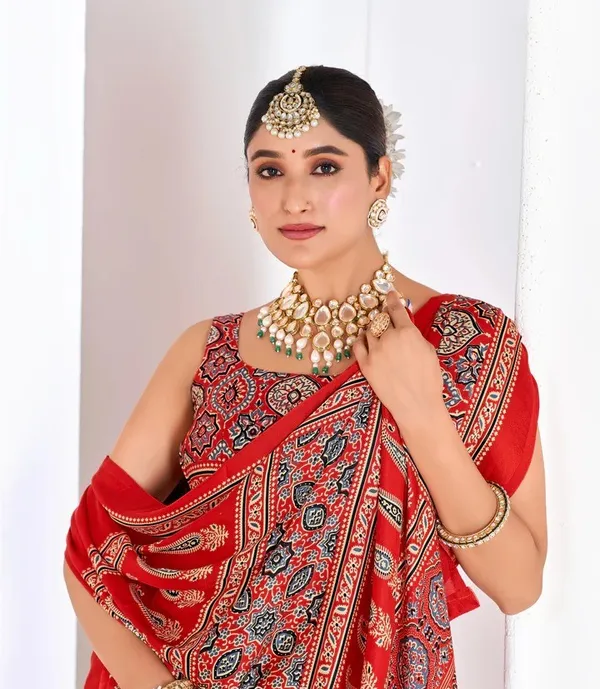 Red_Ajrakh_Printed_Modal_Silk_Plain_Saree_With_Ajrakh_Blouse