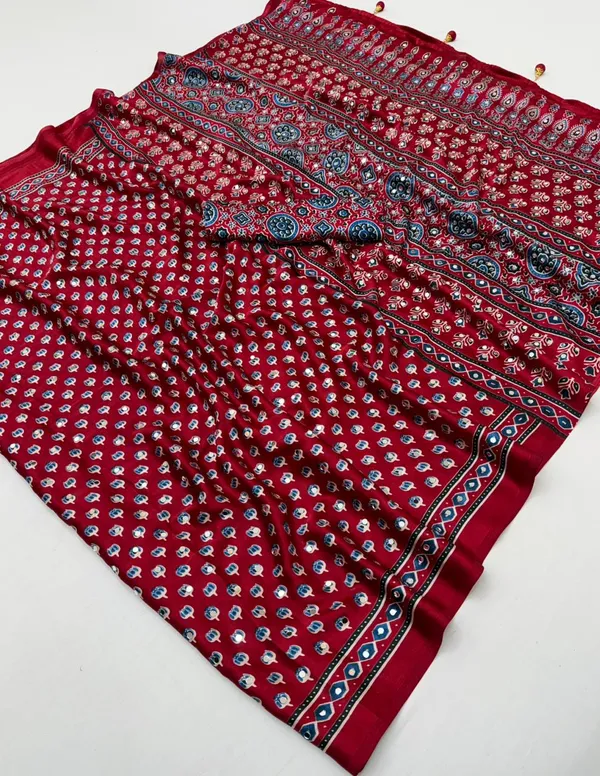 Red_Ajrakh__Lotus_Mirror_Work_Saree_With_Blouse_