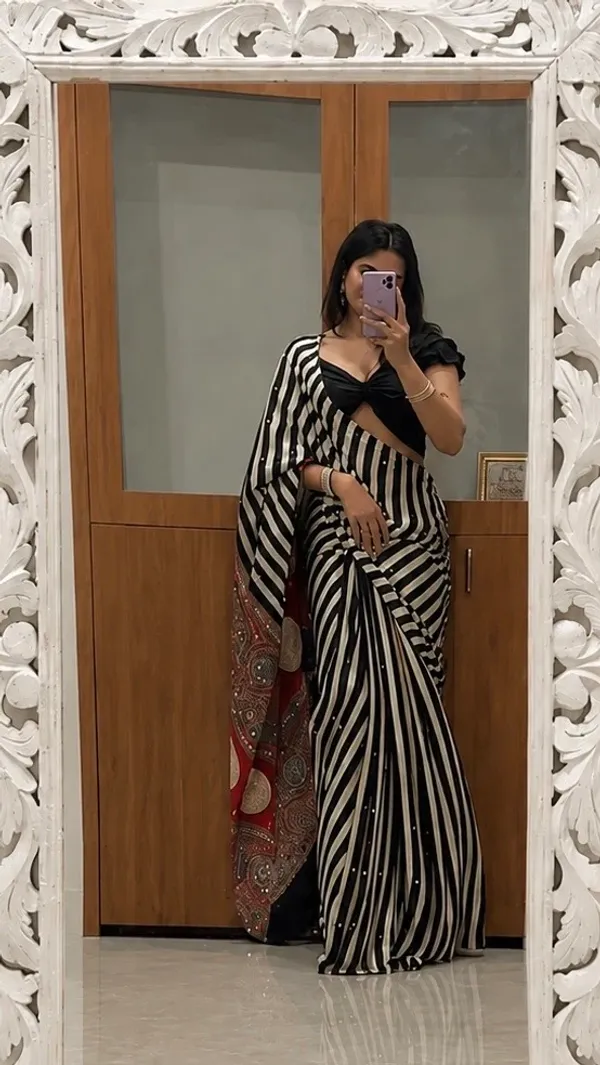 Red_And_Cream_Striped_Ajrakh_Modal_Silk_Saree_With_Mirror_