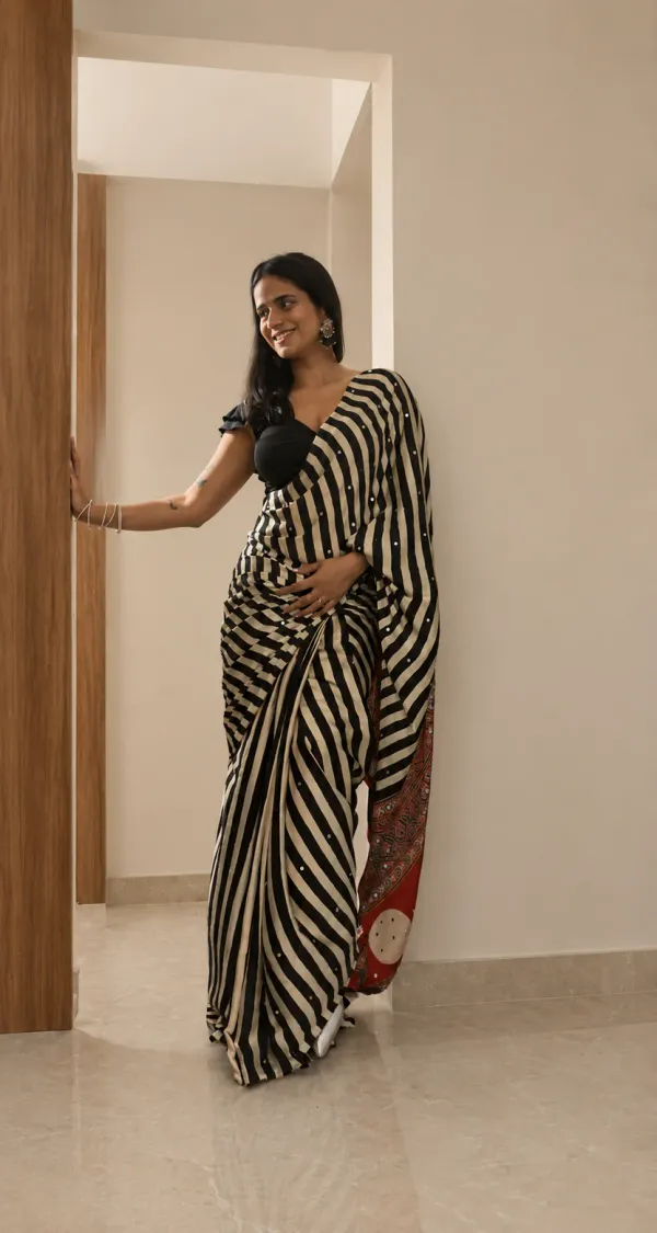 Red_And_Cream_Striped_Ajrakh_Modal_Silk_Saree_With_Mirror_