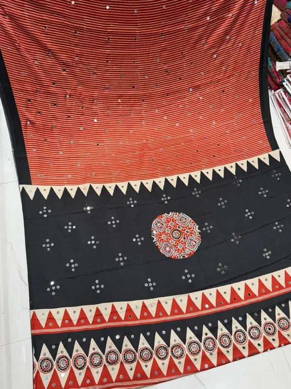 Redish_Ajrakh_Real_Mirror_Modal_Silk_Saree_With_Blouse