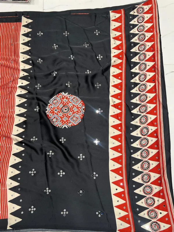 Redish_Ajrakh_Real_Mirror_Modal_Silk_Saree_With_Blouse