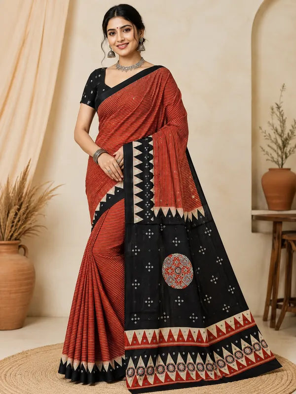 Redish_Ajrakh_Real_Mirror_Modal_Silk_Saree_With_Blouse