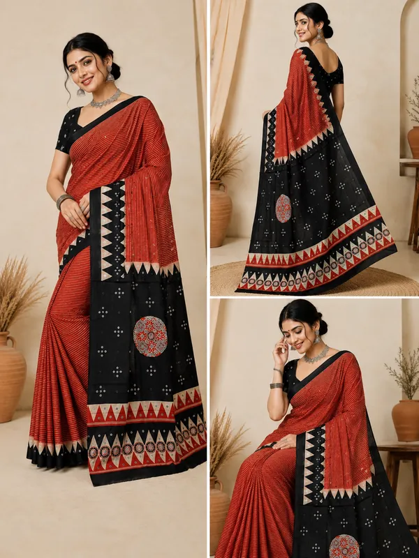 Redish_Red_Ajrakh_Real_Mirror_Modal_Silk_Saree_With_Blouse