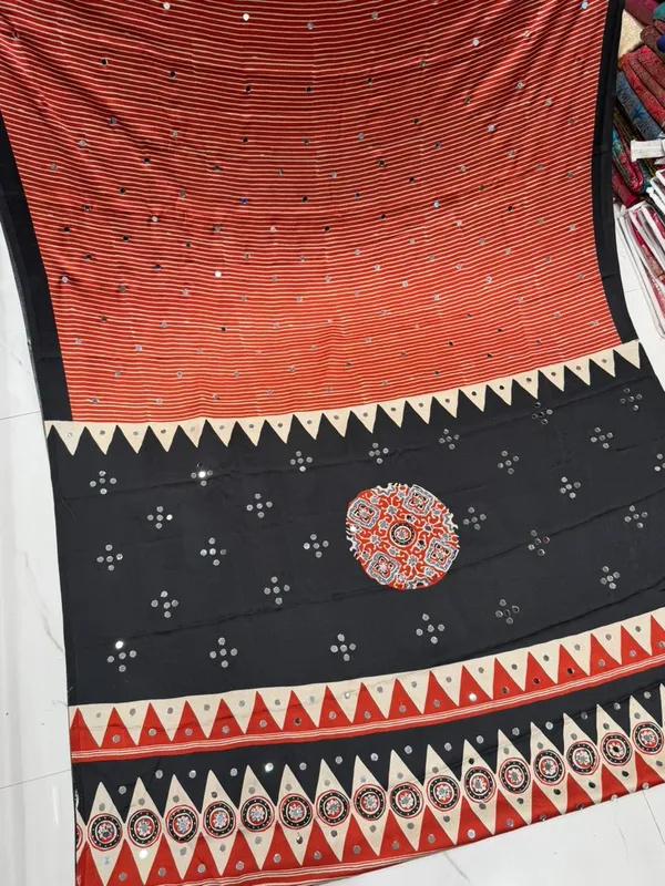 Redish_Red_Ajrakh_Real_Mirror_Modal_Silk_Saree_With_Blouse