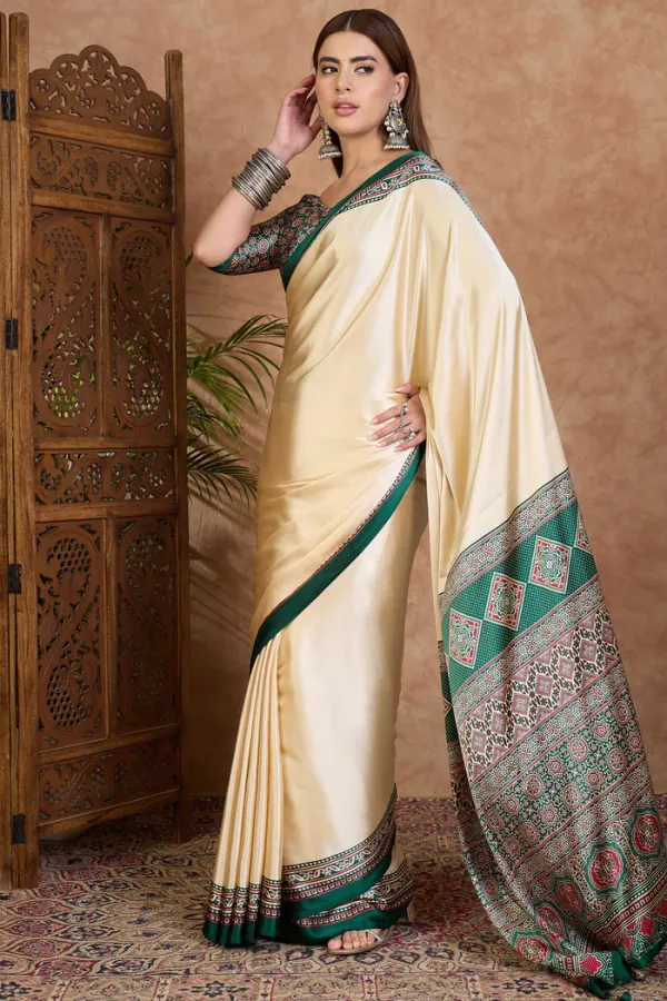 Rice_Cream_and_Green_Ajrakh_Printed_Satin_Crepe_Silk_Saree