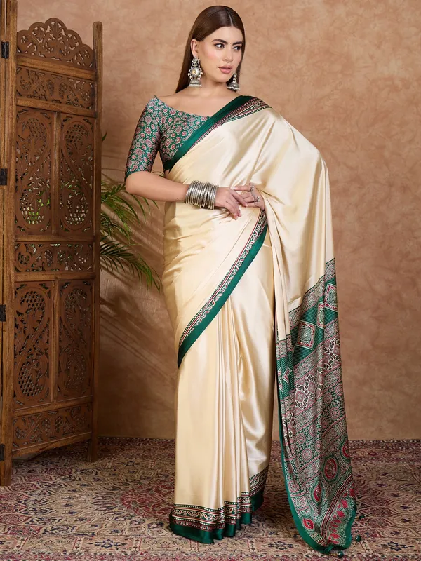 Rice_Cream_and_Green_Ajrakh_Printed_Satin_Crepe_Silk_Saree