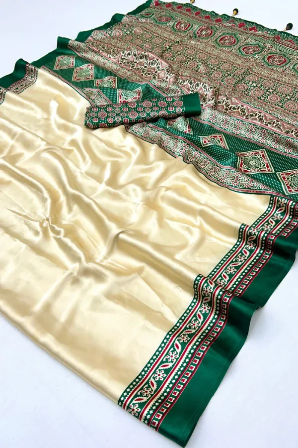 Rice_Cream_and_Green_Ajrakh_Printed_Satin_Crepe_Silk_Saree