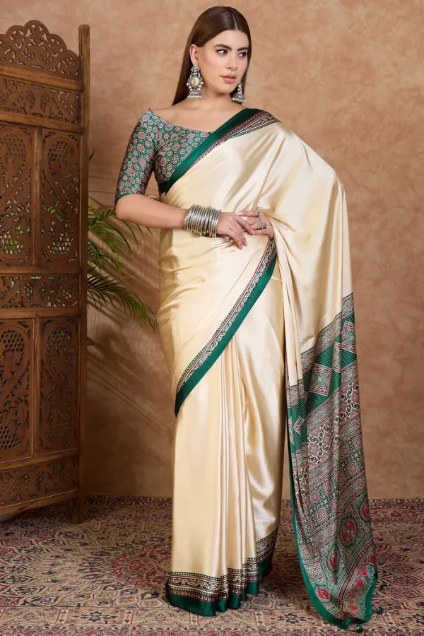 Rice_Cream_and_Green_Ajrakh_Printed_Satin_Crepe_Silk_Saree