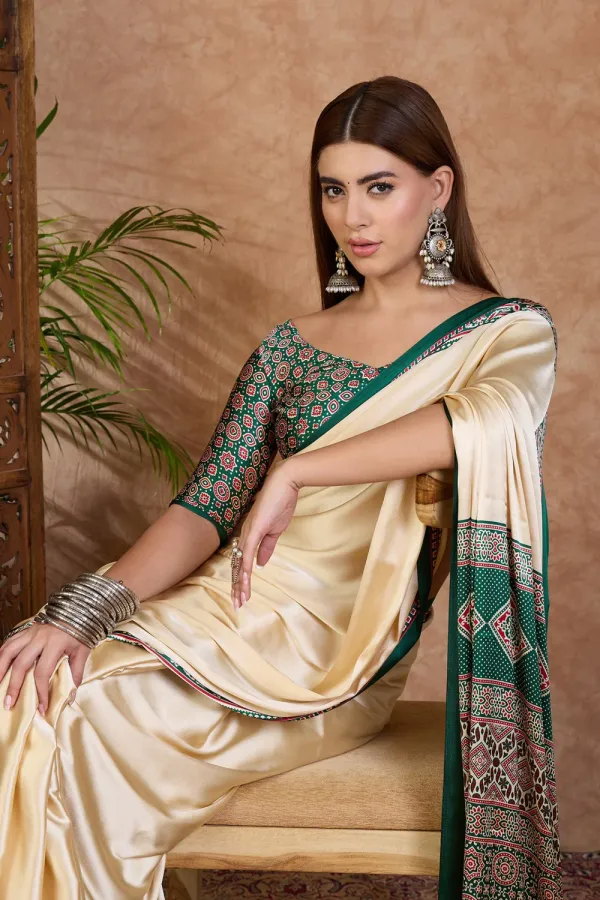 Rice_Cream_and_Green_Ajrakh_Printed_Satin_Crepe_Silk_Saree
