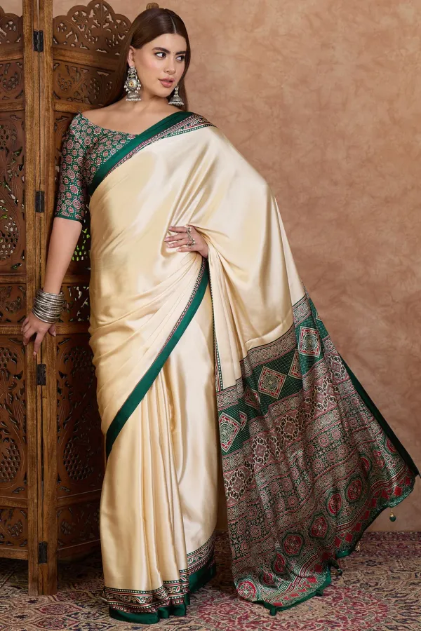 Rice_Cream_and_Green_Ajrakh_Printed_Satin_Crepe_Silk_Saree