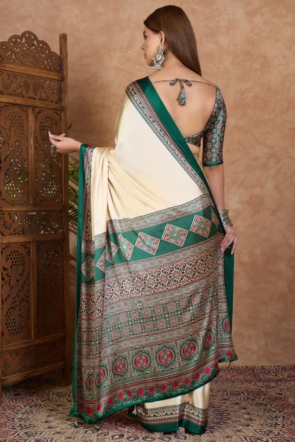 Rice_Cream_and_Green_Ajrakh_Printed_Satin_Crepe_Silk_Saree