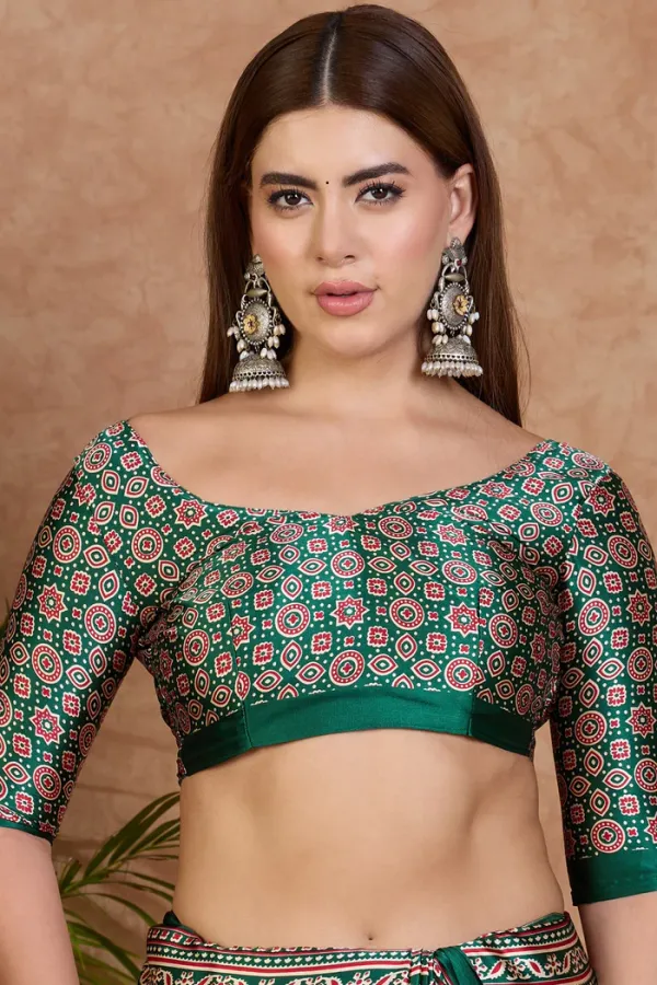 Rice_Cream_and_Green_Ajrakh_Printed_Satin_Crepe_Silk_Saree