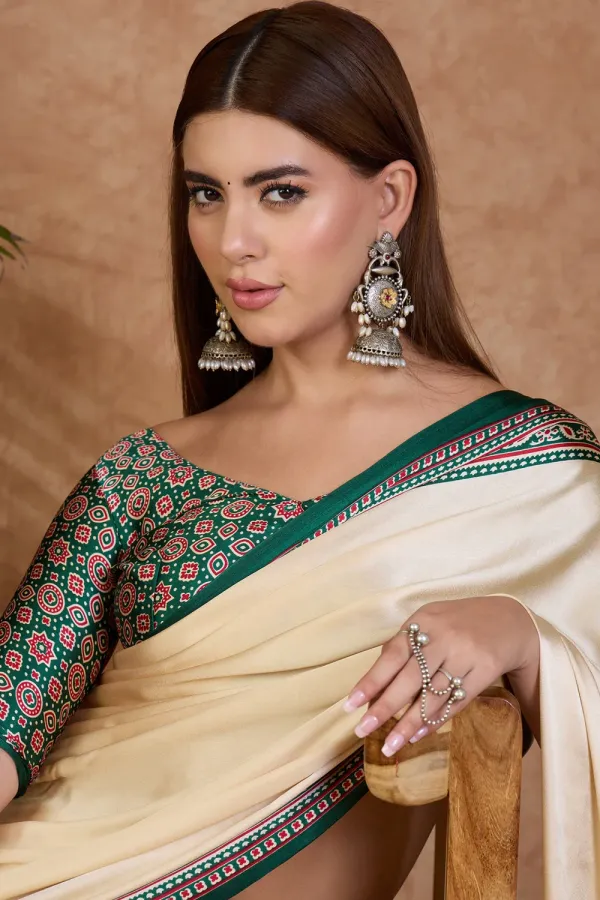 Rice_Cream_and_Green_Ajrakh_Printed_Satin_Crepe_Silk_Saree